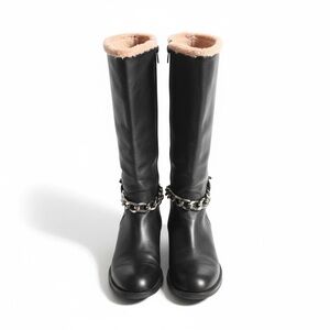 Marino Fabian made in italy black leather knee high boots pink fur trim